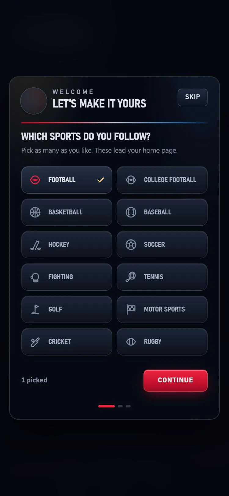Atlas onboarding asking which sports you follow, with Football selected
