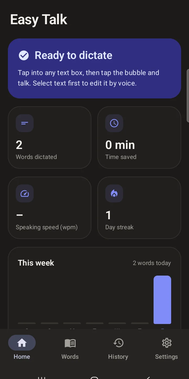 The Easy Talk home screen with words dictated, time saved, speaking speed and streak