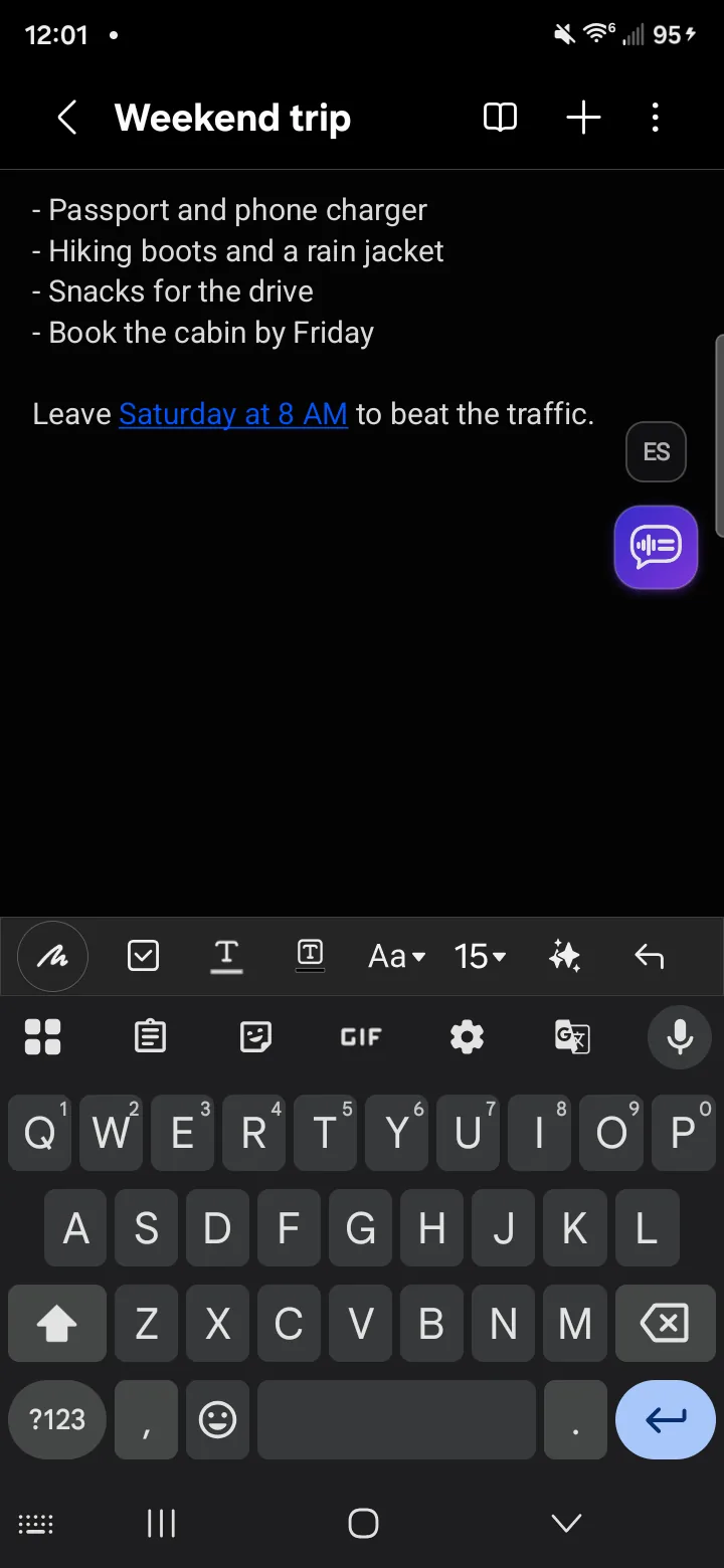 A spoken packing list typed as a formatted list in a notes app