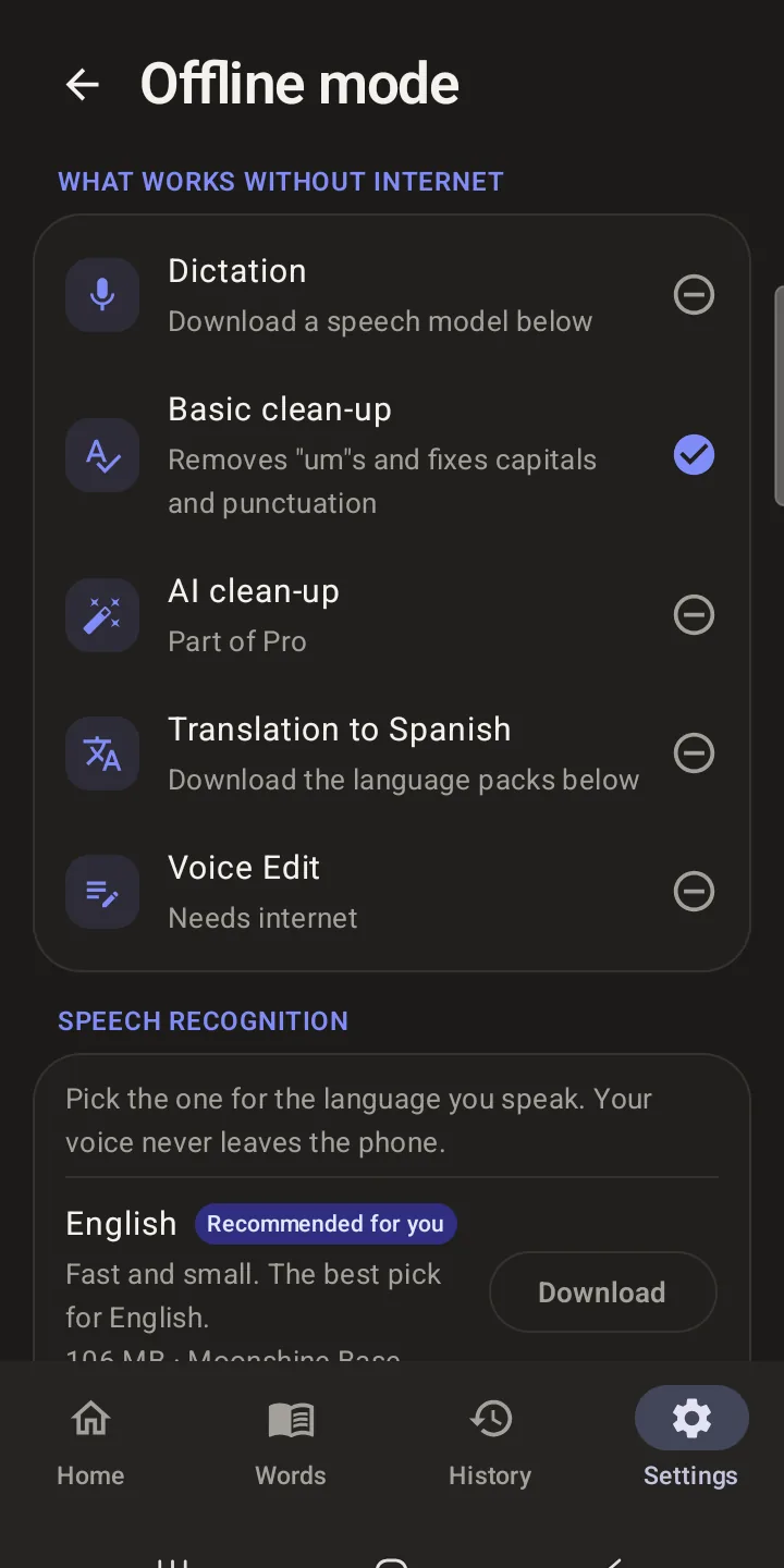 The Offline mode screen listing what works without internet