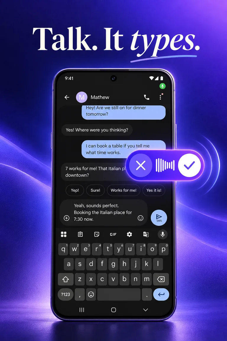 Store graphic headed “Talk. It types.” showing the recording pill over a messaging app