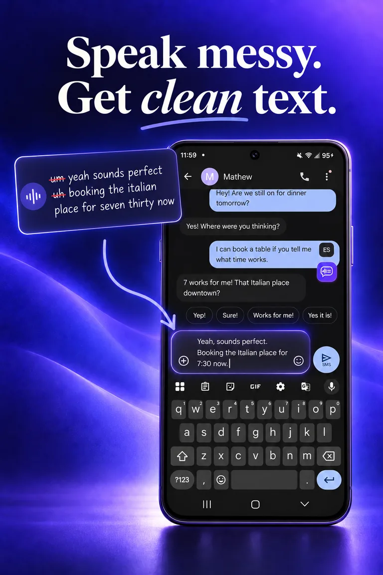 Store graphic headed “Speak messy. Get clean text.” with a filler-filled transcript turning into a clean reply