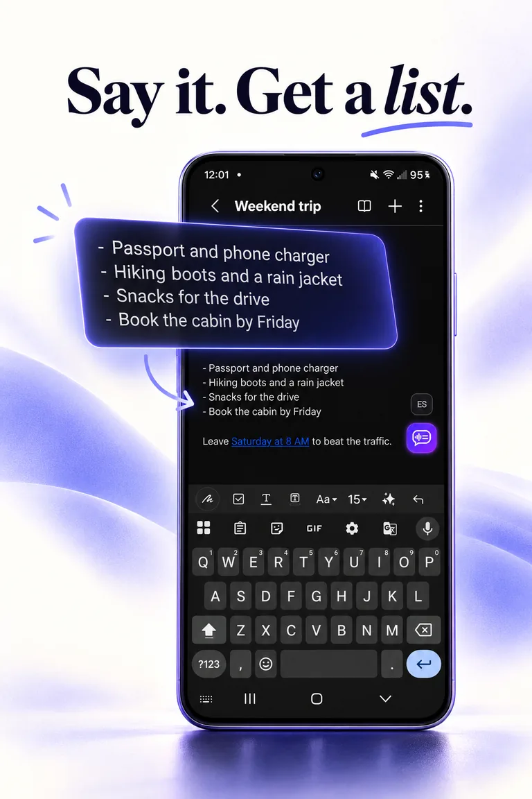 Store graphic headed “Say it. Get a list.” showing a spoken packing list formatted in a notes app