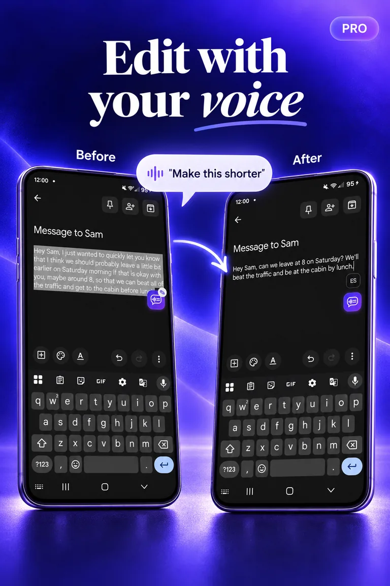 Store graphic headed “Edit with your voice” with before and after phones and the instruction “Make this shorter”