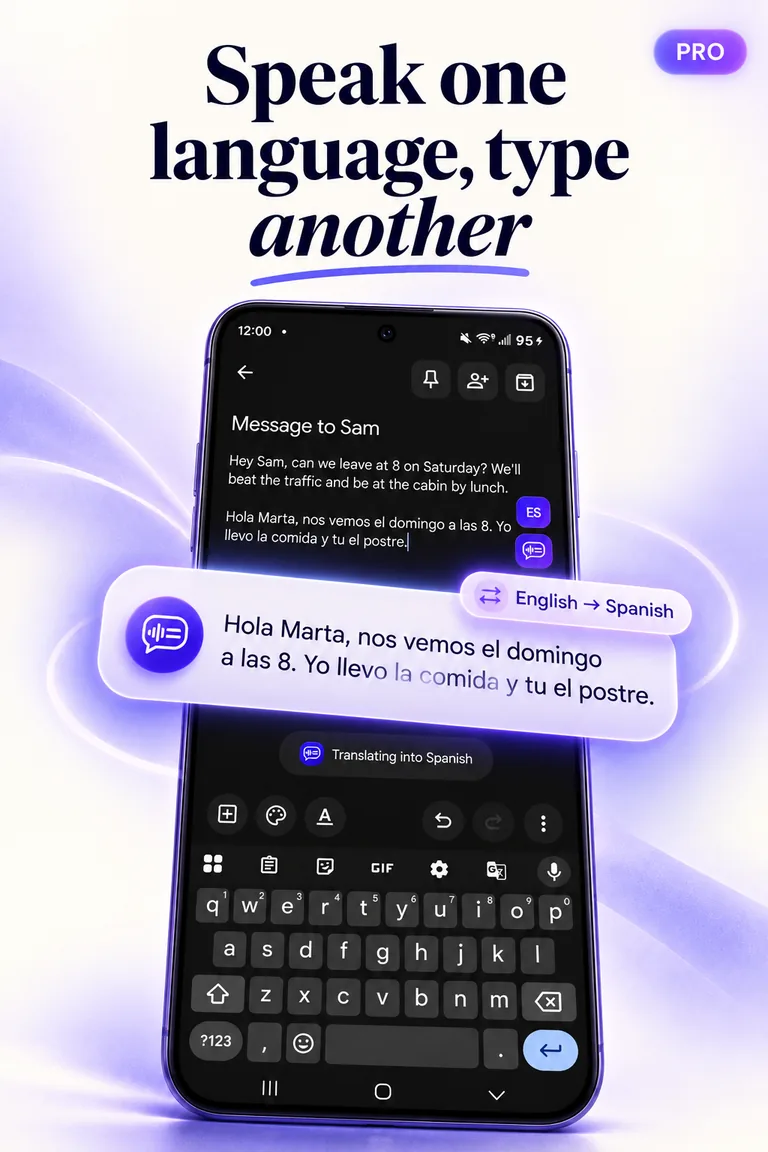 Store graphic headed “Speak one language, type another” showing English speech typed in Spanish