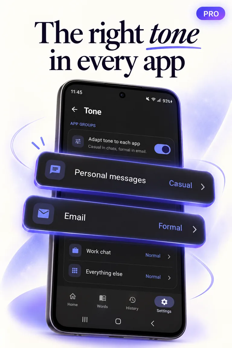 Store graphic headed “The right tone in every app” showing casual tone for personal messages and formal for email