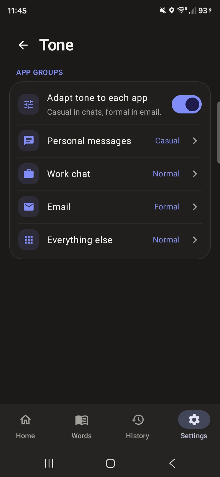 The Tone settings screen with casual, normal and formal app groups